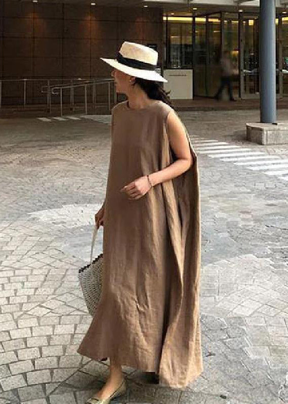 Bohemian O-Hals Seitlich Offenes Leinen Baumwollkleid Khaki
