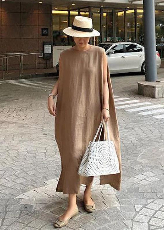 Bohemian O-Hals Seitlich Offenes Leinen Baumwollkleid Khaki