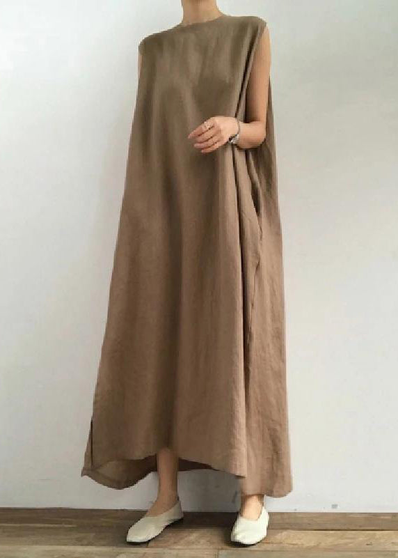 Bohemian O-Hals Seitlich Offenes Leinen Baumwollkleid Khaki