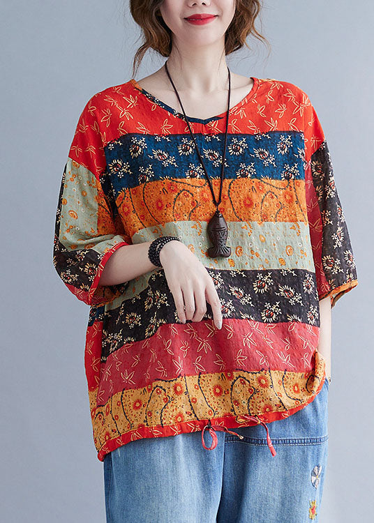 Boho-Druck V-Ausschnitt Patchwork Lockere Kordelzug Herbstblusen Halbarm