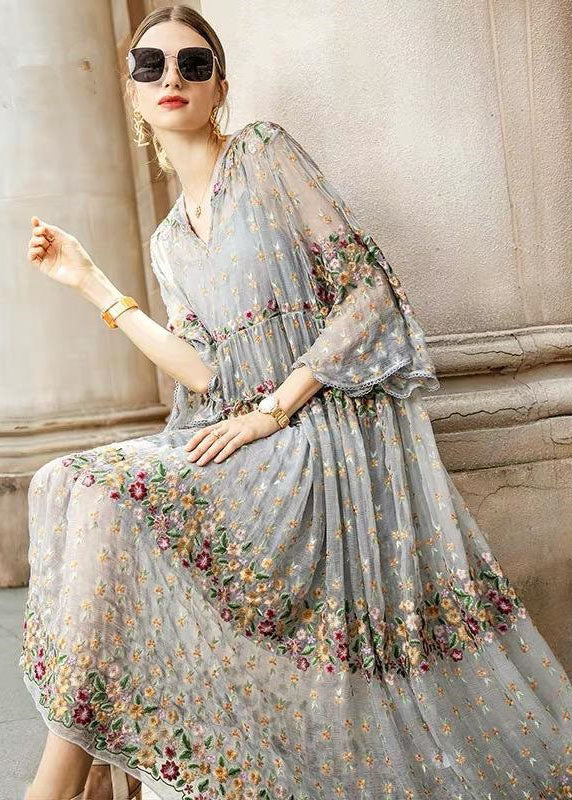 Boutique Graues V-Ausschnitt Besticktes Spitzen-Tüllkleid Zweiteiliges Set Frühling