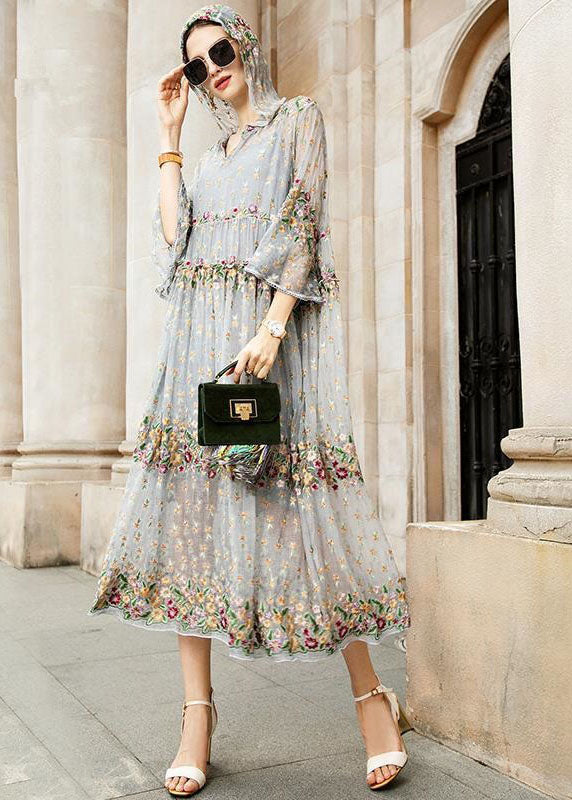 Boutique Graues V-Ausschnitt Besticktes Spitzen-Tüllkleid Zweiteiliges Set Frühling