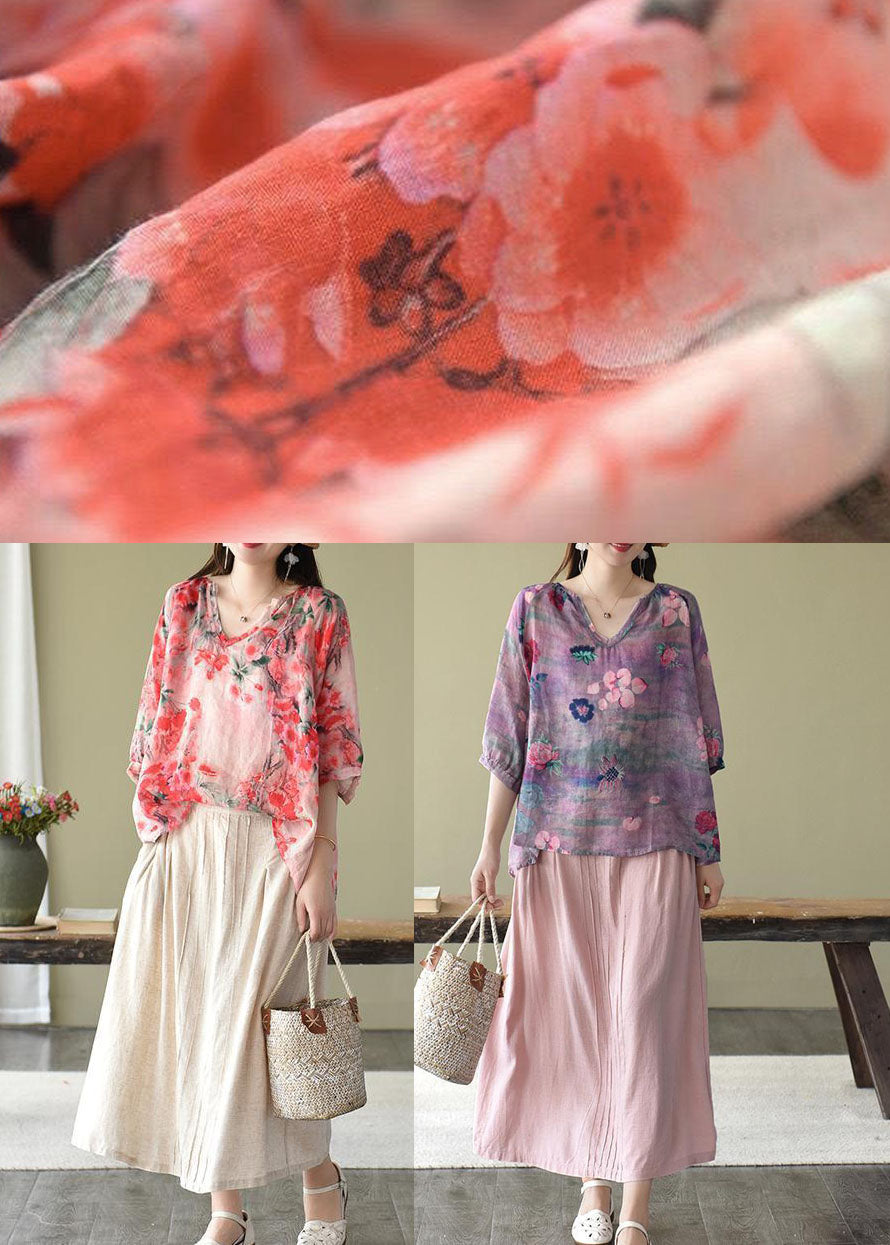 Boutique Pink V-Ausschnitt Druck Lockere Herbst Halbarm Blusen