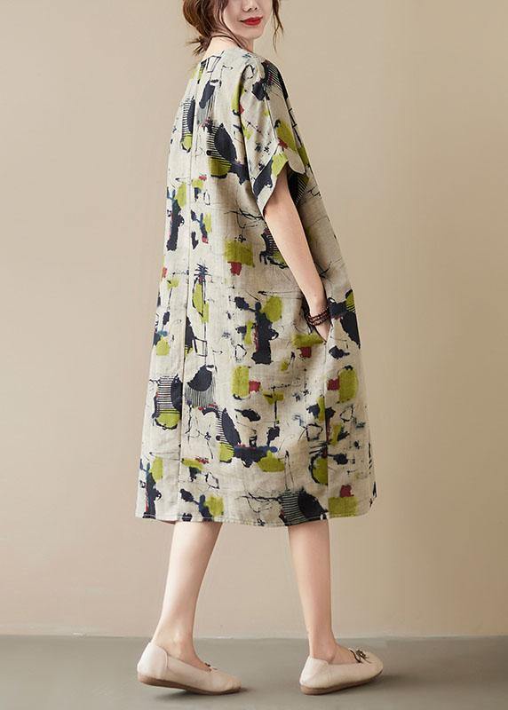 Elegante Khaki Druck O-Ausschnitt Taschen Sommer Maxi Kleider Halbarm