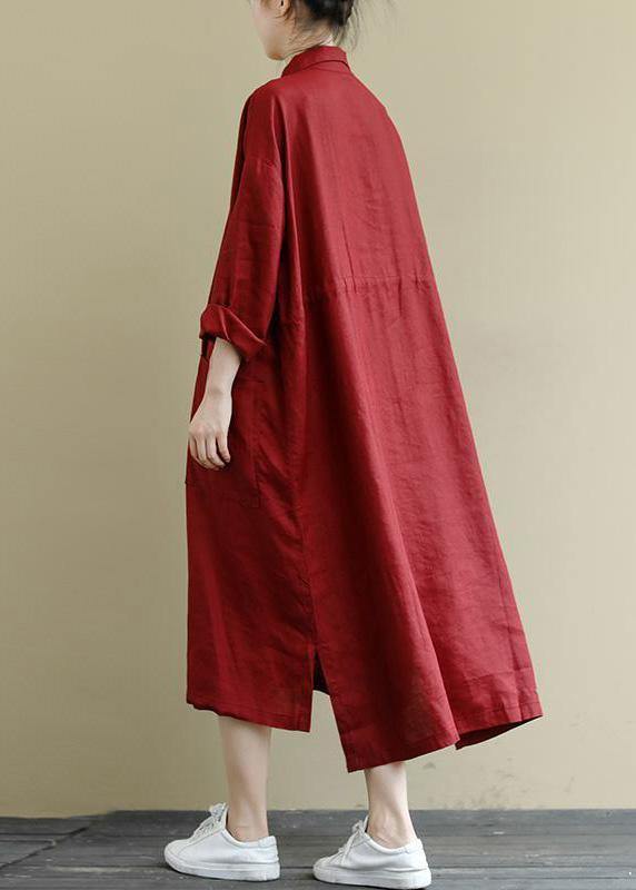 Rotes Leinenhemd Kleid Lässig Oversize Frühling Maxikleider