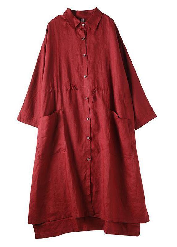 Rotes Leinenhemd Kleid Lässig Oversize Frühling Maxikleider