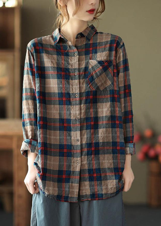 DIY Blaue Karierte Blusen für Frauen mit Revers und Taschen Kunst Frühling Oberteile