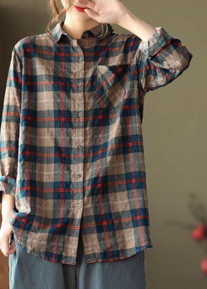 DIY Blaue Karierte Blusen für Frauen mit Revers und Taschen Kunst Frühling Oberteile