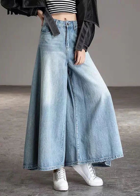 Bohemian Blaue Hohe Taille Taschen Weite Bein Herbst Denim Hose
