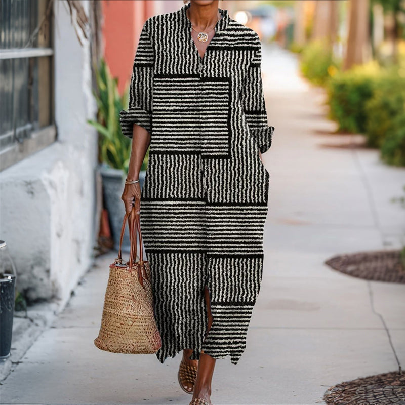 【Langarm】Lässiges gestreiftes Kleid