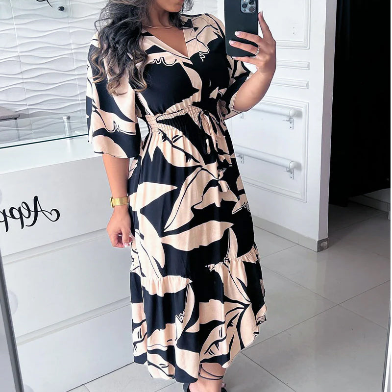 Elegantes V-Ausschnitt Kleid mit Dreiviertelärmeln und Kordelzug