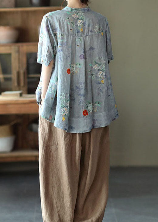 Elegante blaue Stehkragen Druckoberteile mit halben Ärmeln