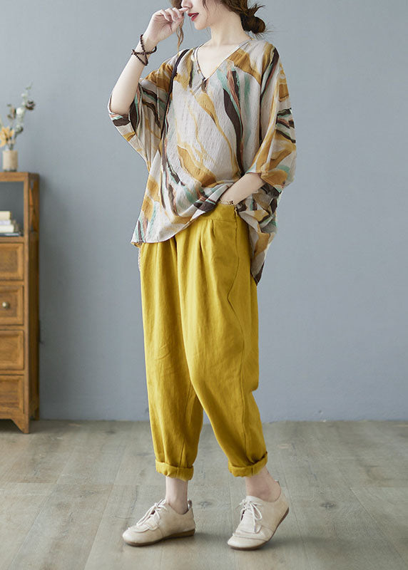 Elegantes Gelbes V-Ausschnitt Druck Herbst Gestreiftes Hemd Tops Halbe Ärmeln