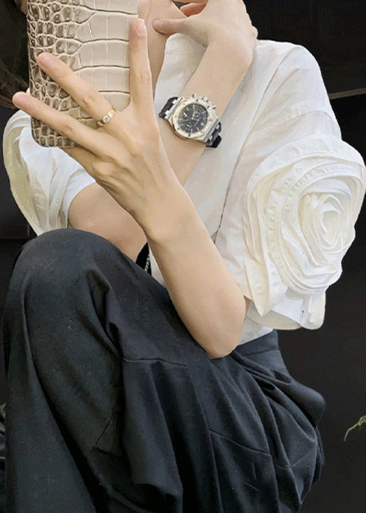 Florale weiße Peter-Pan-Kragen Baumwollblusen Sommer