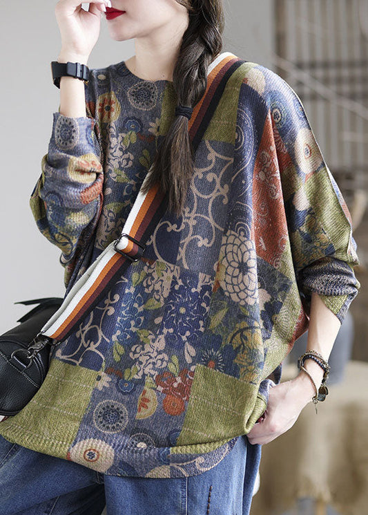 Französisch Blau O-Ausschnitt Druck Lockere Herbstpullover