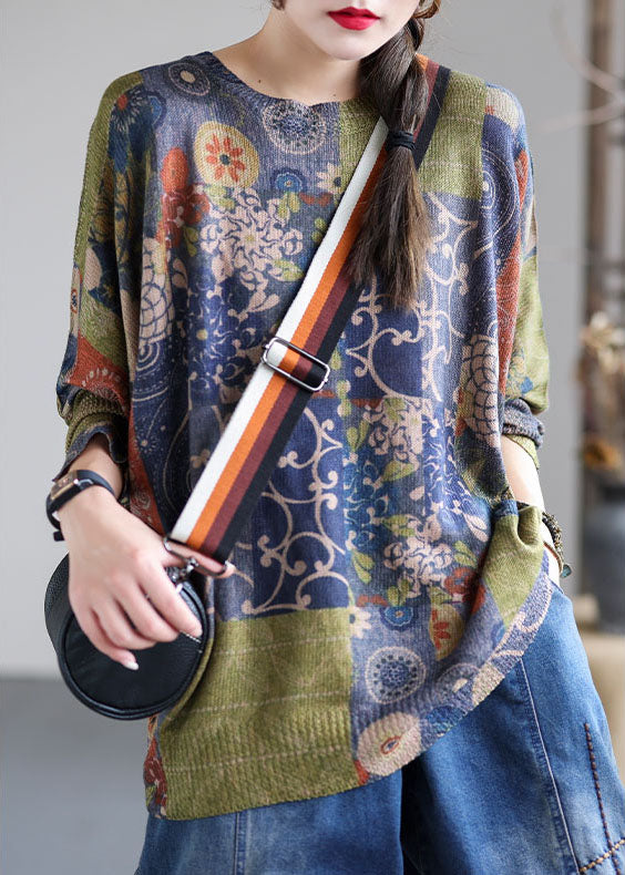 Französisch Blau O-Ausschnitt Druck Lockere Herbstpullover