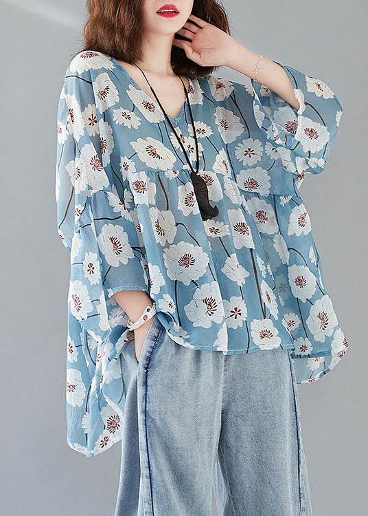 Französisches Blau V-Ausschnitt Druck Patchwork Herbst Halbarm Top