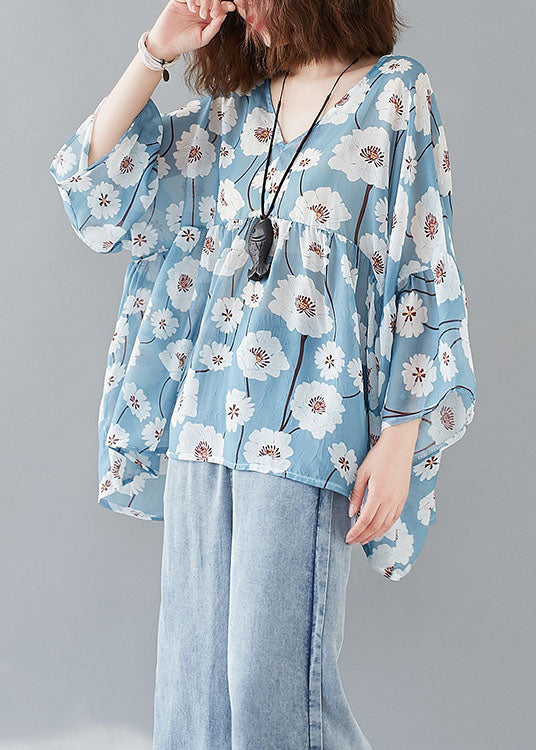 Französisches Blau V-Ausschnitt Druck Patchwork Herbst Halbarm Top