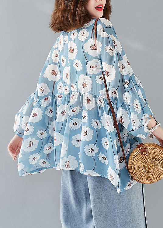 Französisches Blau V-Ausschnitt Druck Patchwork Herbst Halbarm Top