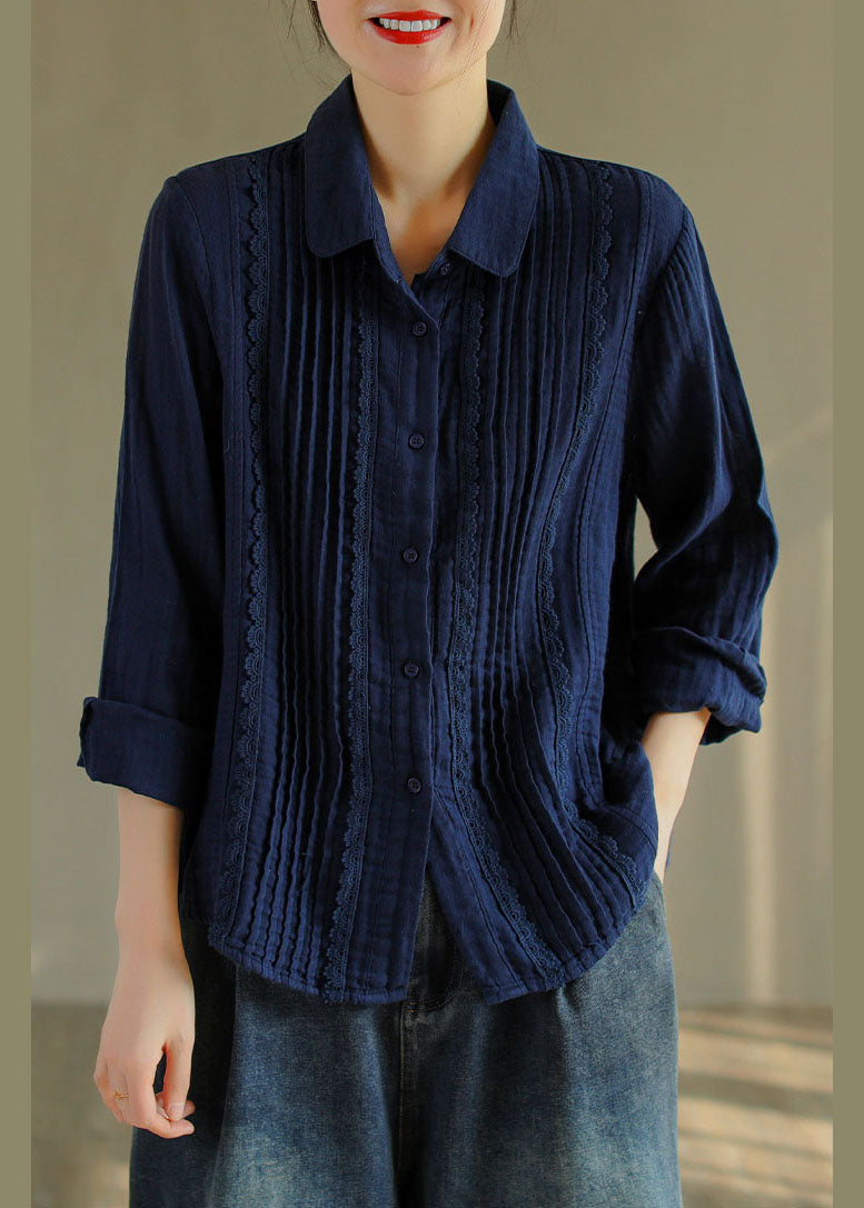 Französische tibetblaue Knopf Peter Pan Kragen Spitze Patchwork Baumwollshirt Tops Frühling