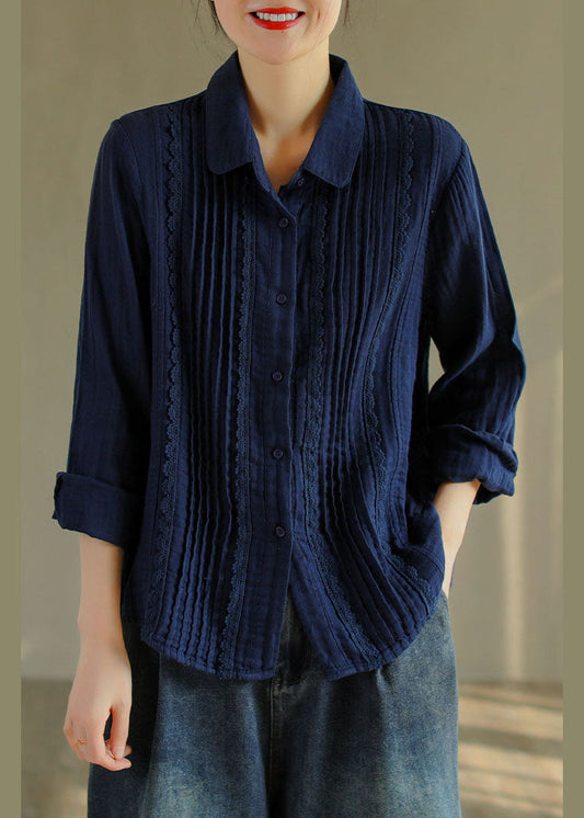 Französische tibetblaue Knopf Peter Pan Kragen Spitze Patchwork Baumwollshirt Tops Frühling