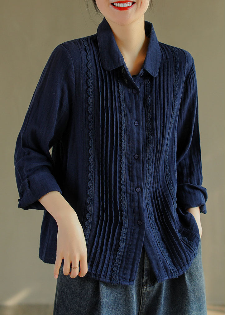 Französische tibetblaue Knopf Peter Pan Kragen Spitze Patchwork Baumwollshirt Tops Frühling