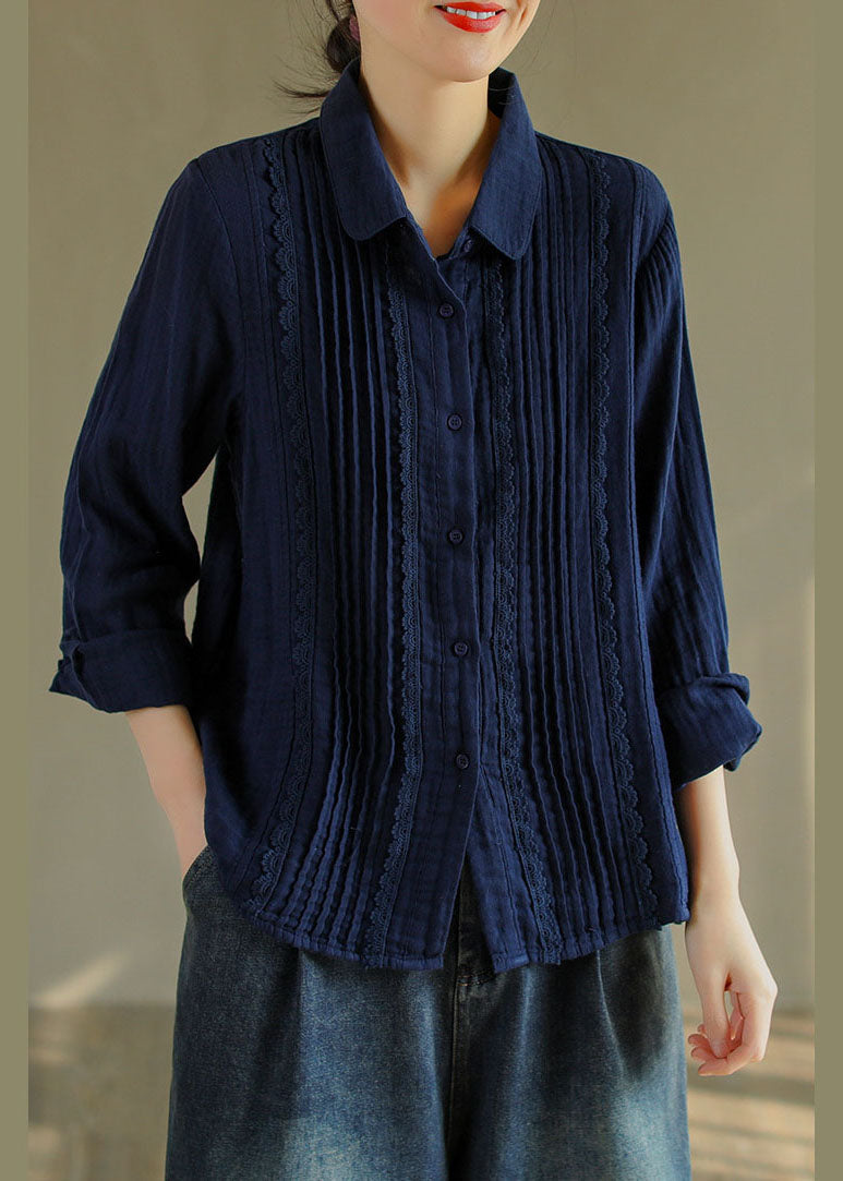 Französische tibetblaue Knopf Peter Pan Kragen Spitze Patchwork Baumwollshirt Tops Frühling