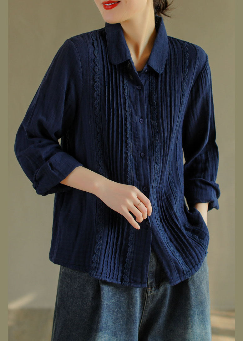 Französische tibetblaue Knopf Peter Pan Kragen Spitze Patchwork Baumwollshirt Tops Frühling