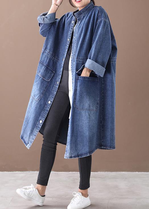 Französischer Denim-Blau Plus-Size Boxmantel mit Stehkragen und Kordelzug