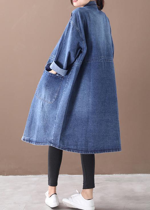 Französischer Denim-Blau Plus-Size Boxmantel mit Stehkragen und Kordelzug