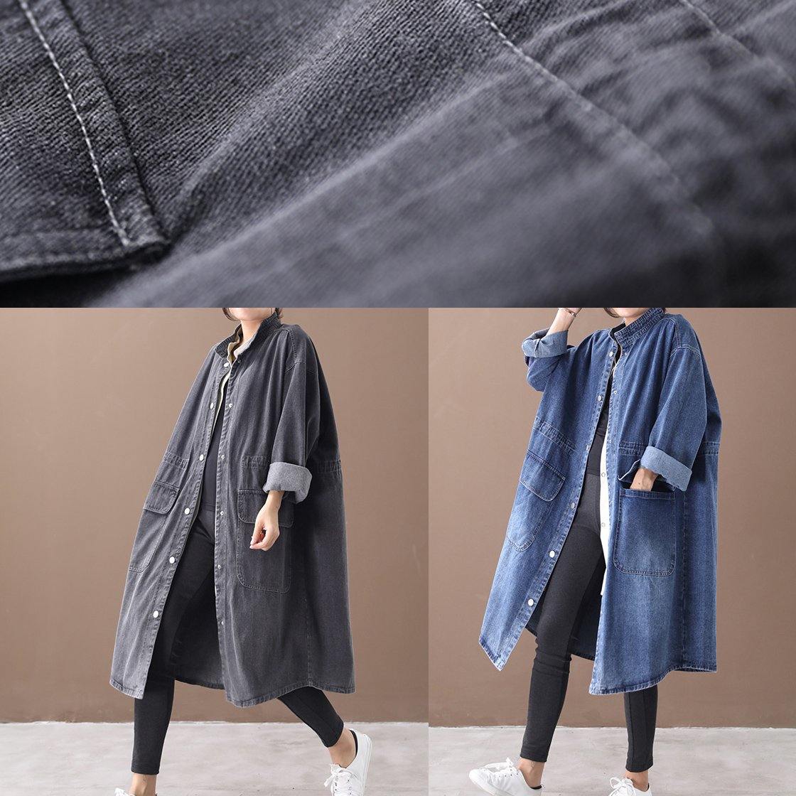 Französischer Denim-Blau Plus-Size Boxmantel mit Stehkragen und Kordelzug