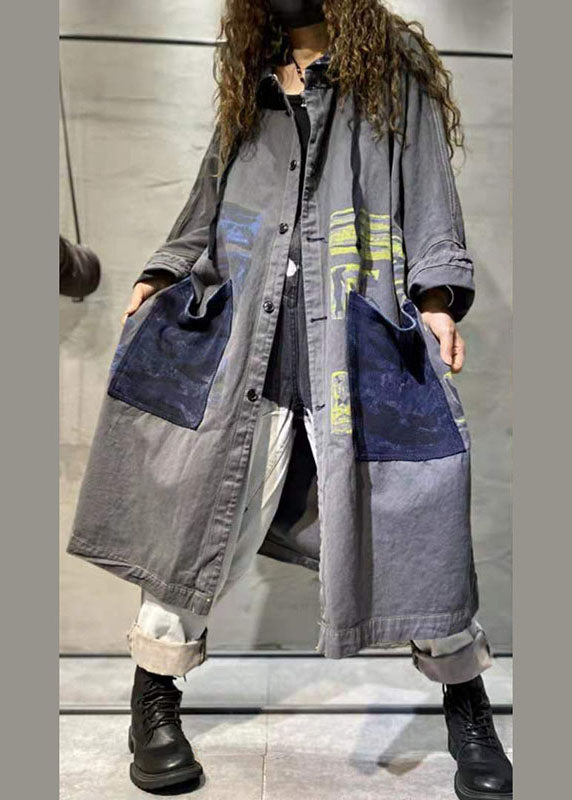 Handgemachter orangefarbener Taschenknopf lässiger Herbst Denim Langarmmantel