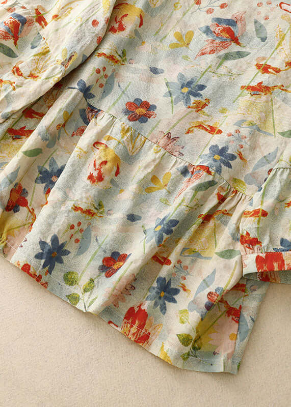 Italienisches Floral Faltenknopf Patchwork Leinen T-Shirts Sommer