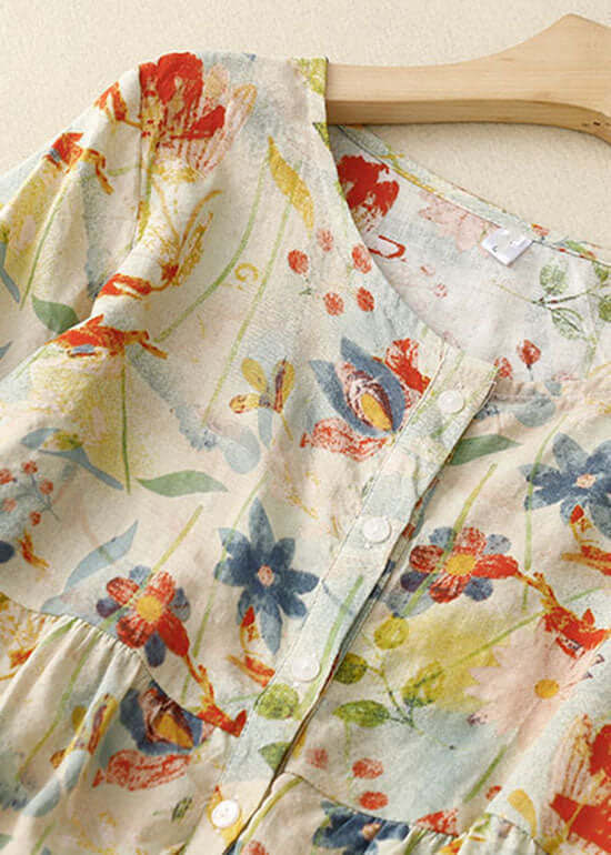 Italienisches Floral Faltenknopf Patchwork Leinen T-Shirts Sommer