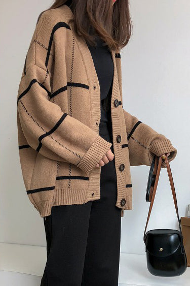 Vintage Karierter Übergroßer Strickcardigan