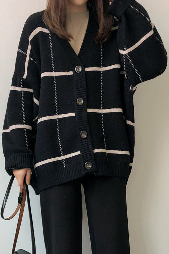 Vintage Karierter Übergroßer Strickcardigan