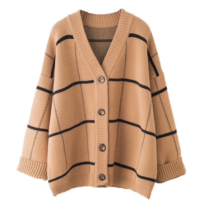 Vintage Karierter Übergroßer Strickcardigan