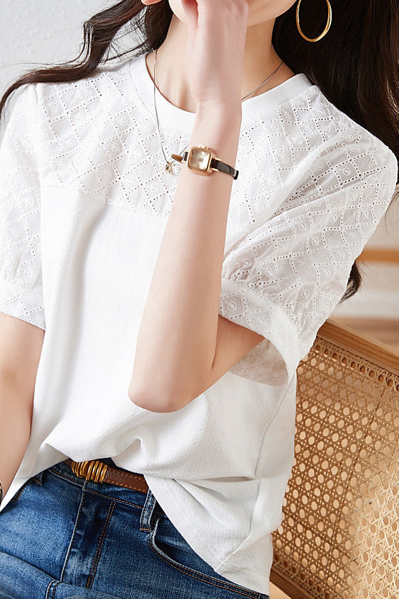 Baumwollgesticktes Patchwork Vielseitiges T-Shirt