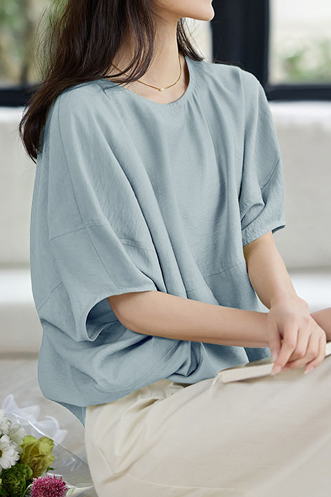 Einfarbiges Texturiertes Drop Shoulder Bat Sleeve Shirt