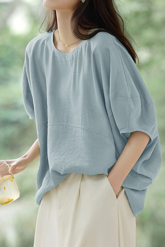 Einfarbiges Texturiertes Drop Shoulder Bat Sleeve Shirt