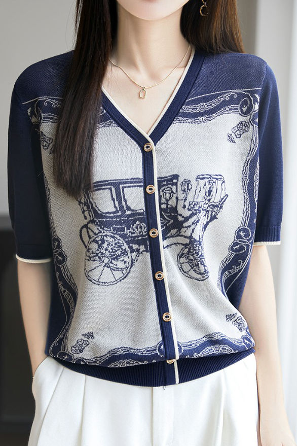 V-Ausschnitt Farbblock Strick T-Shirt