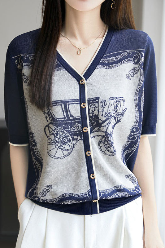 V-Ausschnitt Farbblock Strick T-Shirt