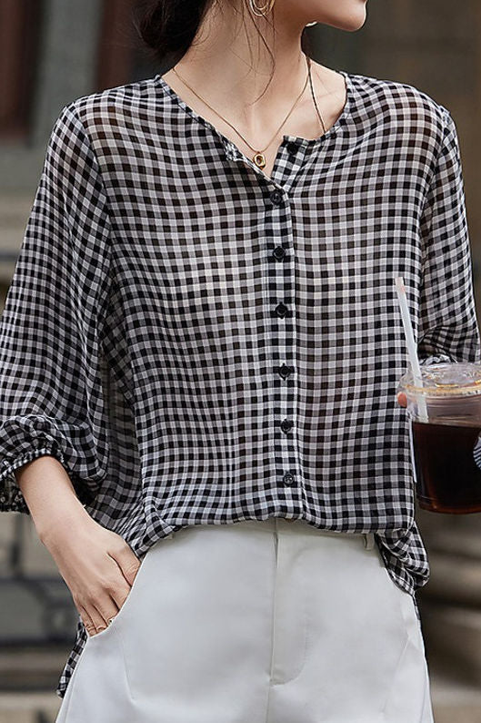 Karierter Chiffon Rundhalsknopf-Longsleeve-Sonnenschutzshirt