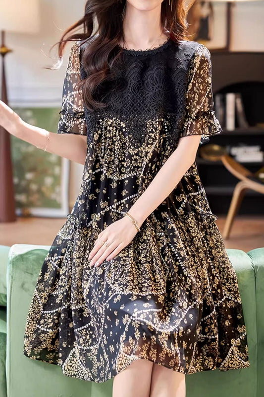 Rundhals-Spitzenpaneel bedrucktes Kurzarmkleid