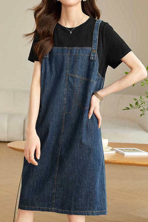 Lässiges Denim-Kleid mit faux Zweiteiler-Design
