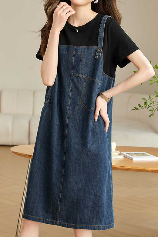 Lässiges Denim-Kleid mit faux Zweiteiler-Design