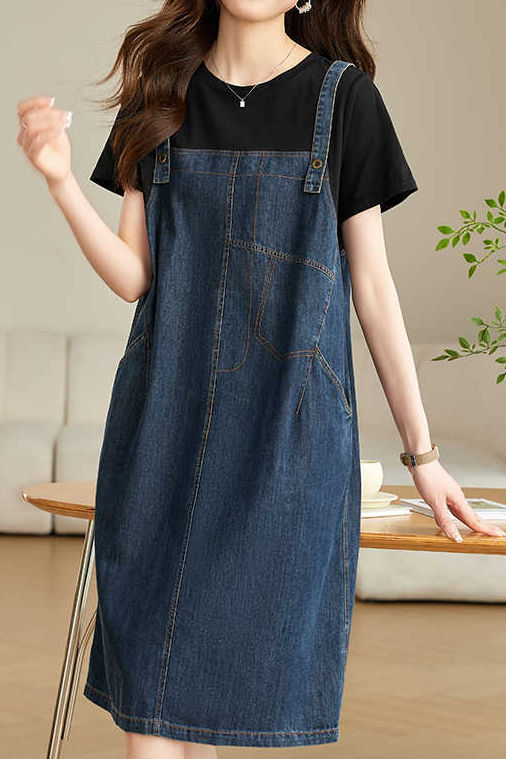 Lässiges Denim-Kleid mit faux Zweiteiler-Design