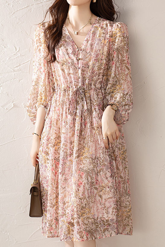 Elegantes Blumenmuster Kurzarmkleid (5/8 Länge)