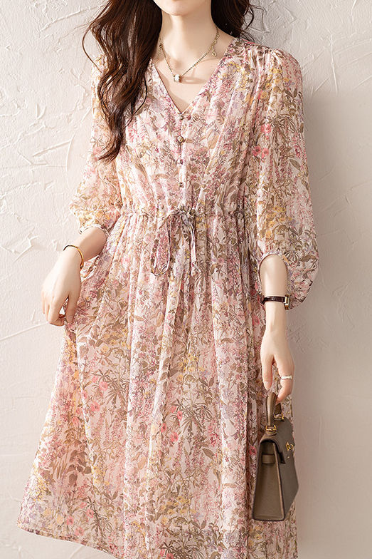 Elegantes Blumenmuster Kurzarmkleid (5/8 Länge)