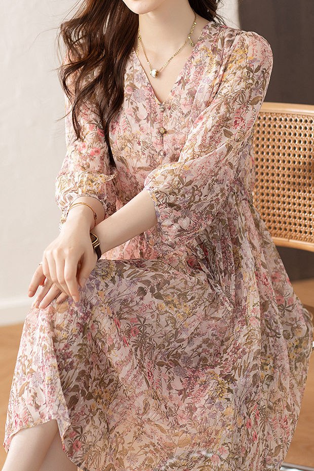 Elegantes Blumenmuster Kurzarmkleid (5/8 Länge)